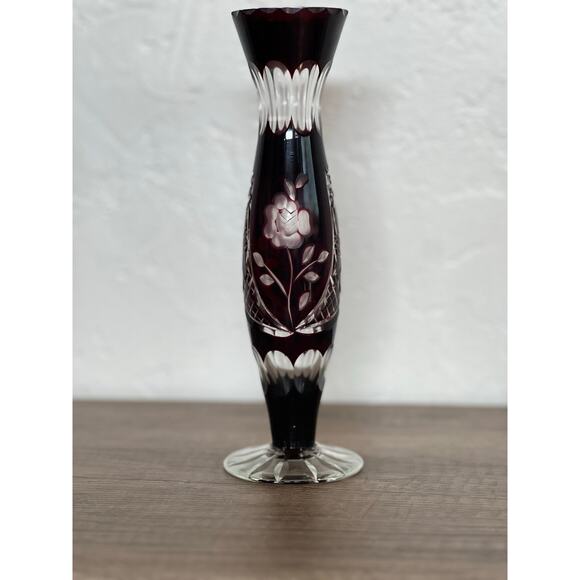 Vintage Ruby Cut Glass Bud Vase Floral Etched Crystal 8” Tall - Picture 8 of 10